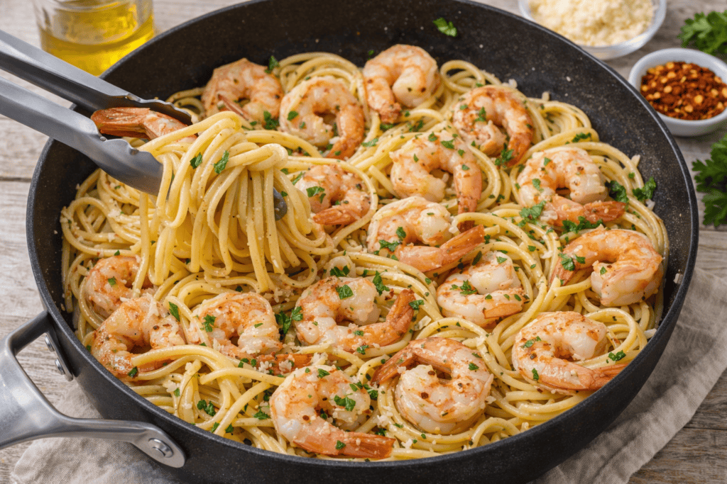 Garlic shrimp pasta cooked in a skillet with linguine, butter garlic sauce, parmesan cheese, and fresh parsley, served warm.